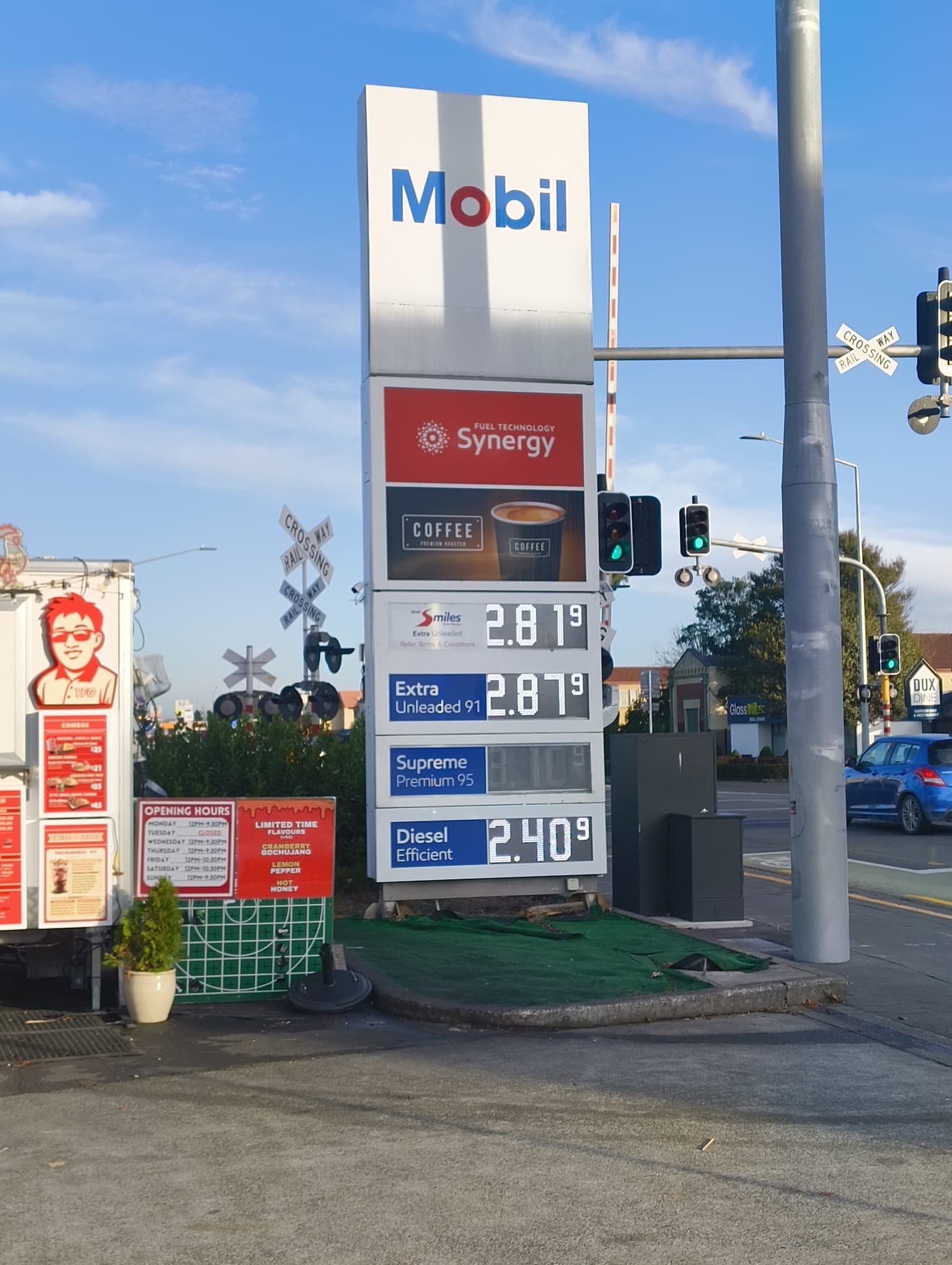 Mobil Riccarton station sign showing Synergy fuel prices at 33 Riccarton Rd, Christchurch